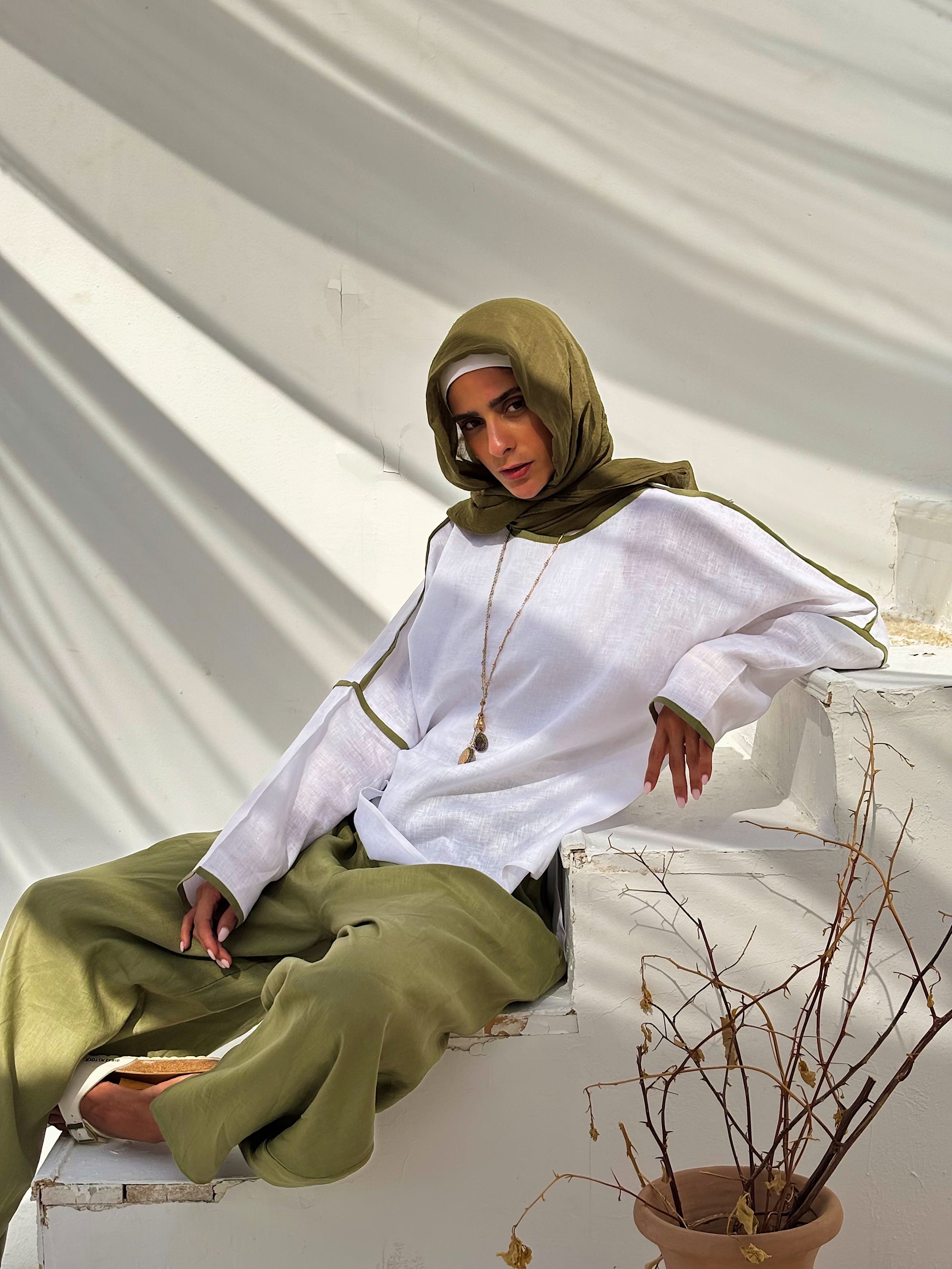 Pure Linen Top with Olive trim