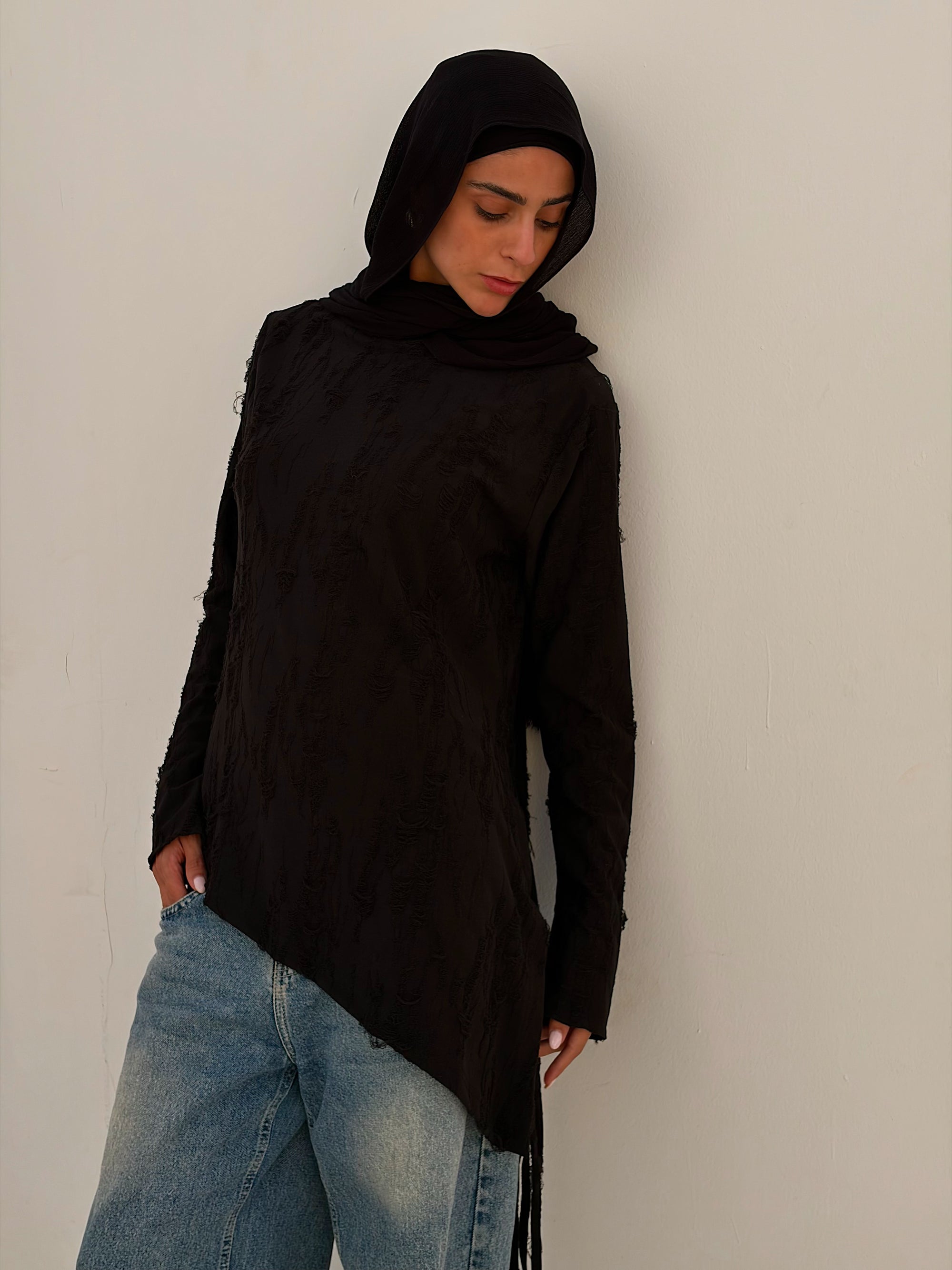Black Shredded Asymmetric Top