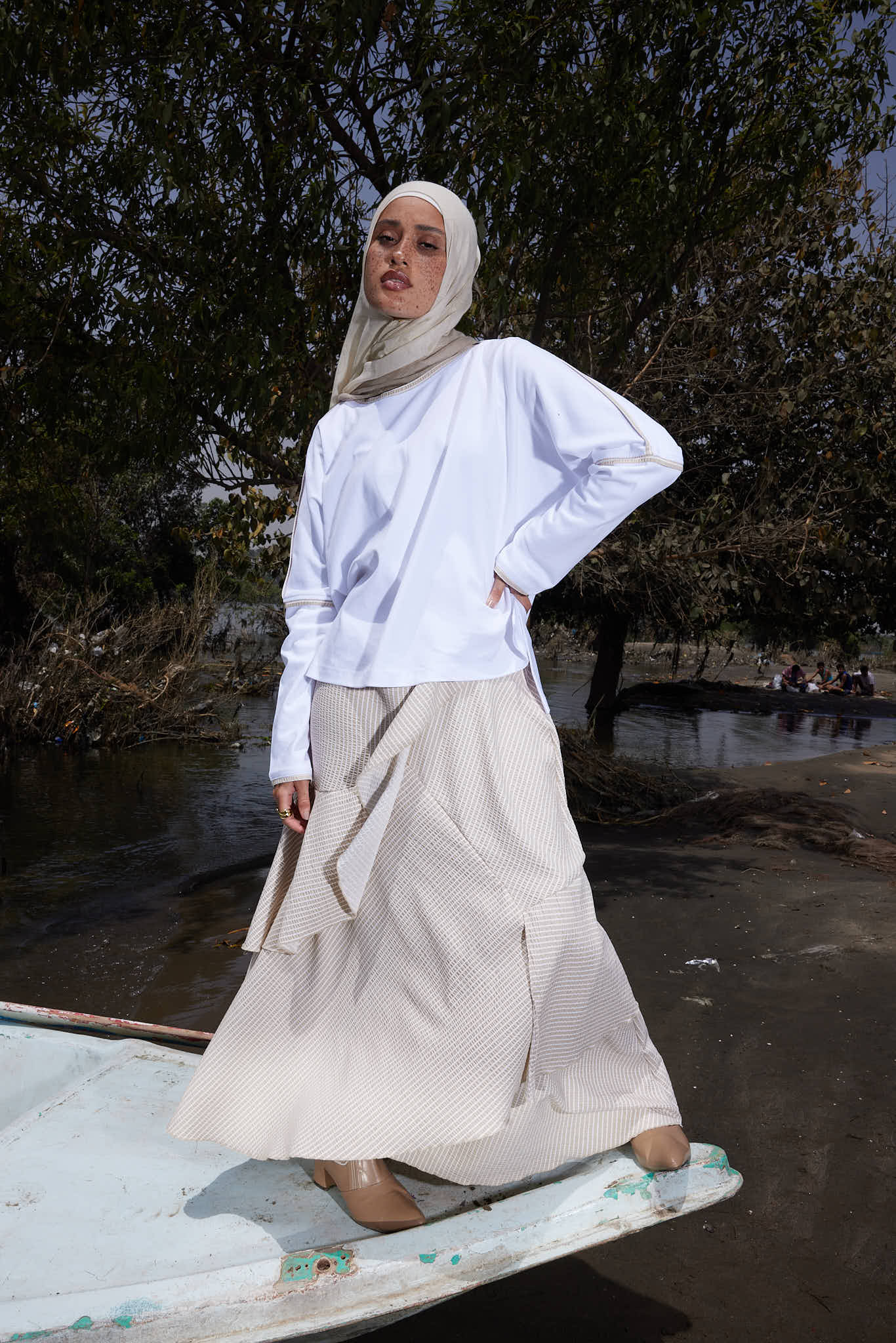 Cotton top with camel  trim