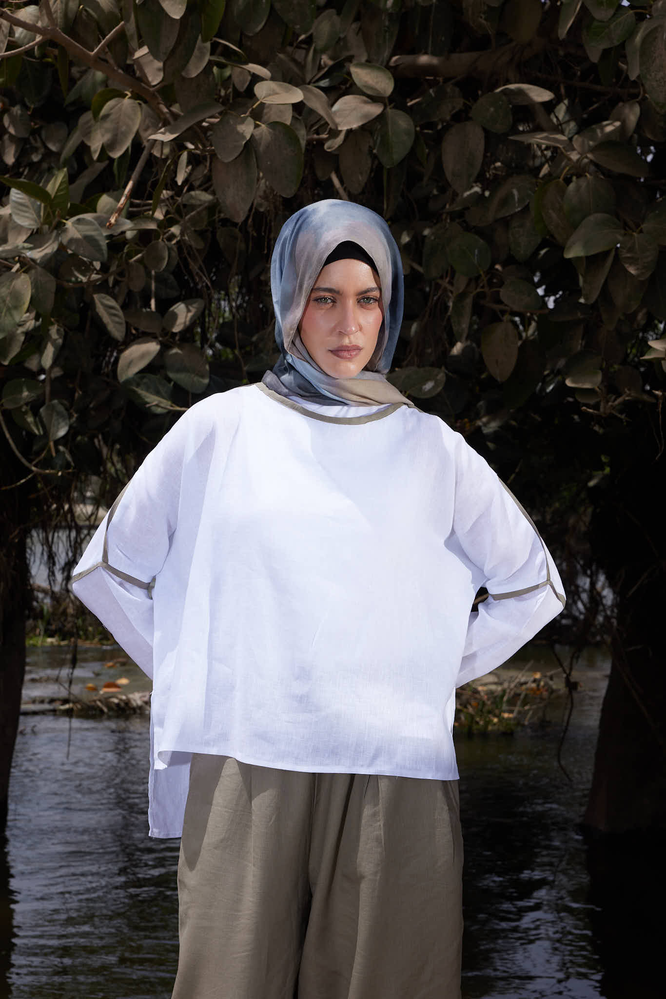 Pure Linen Top with olive trim