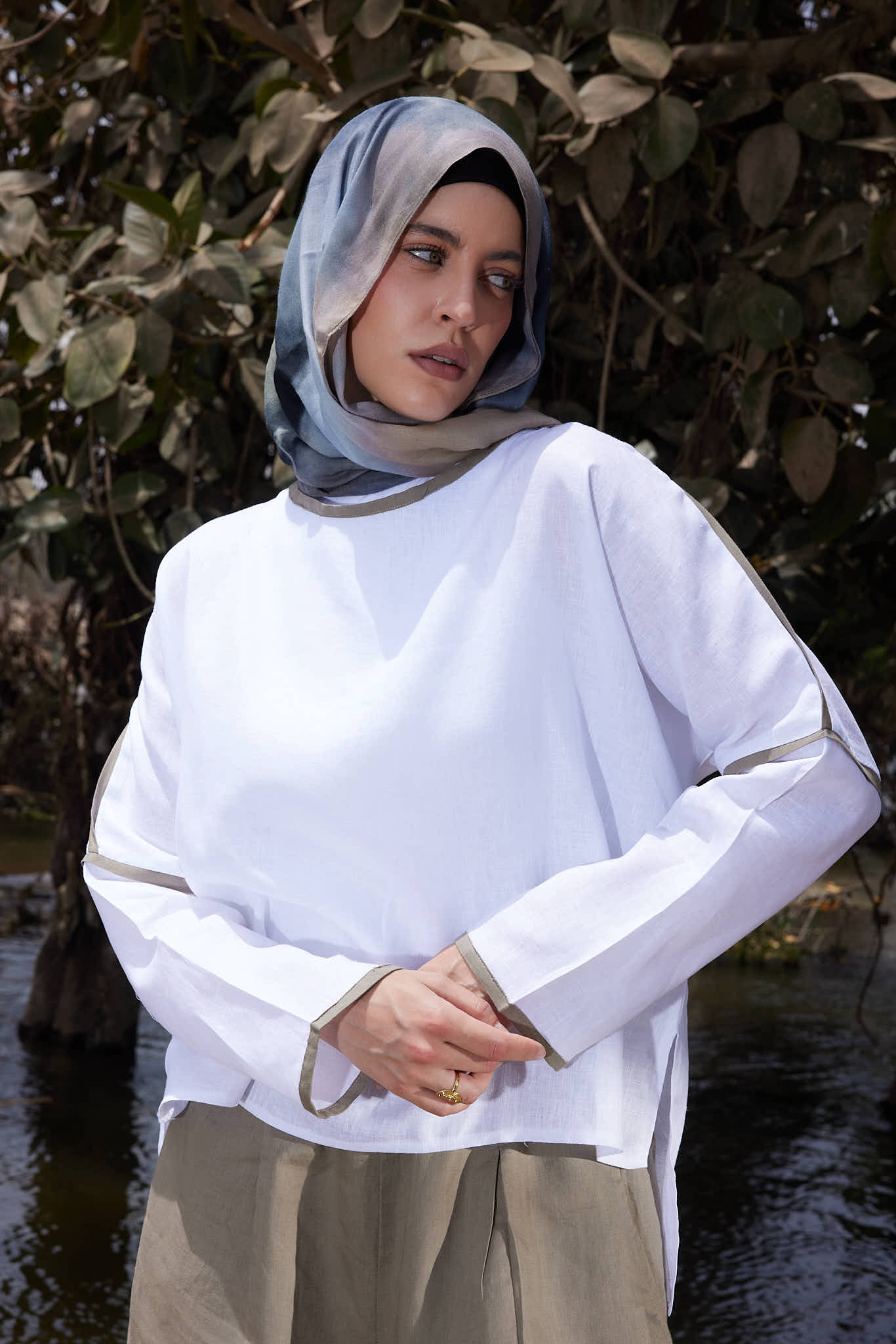 Pure Linen Top with olive trim