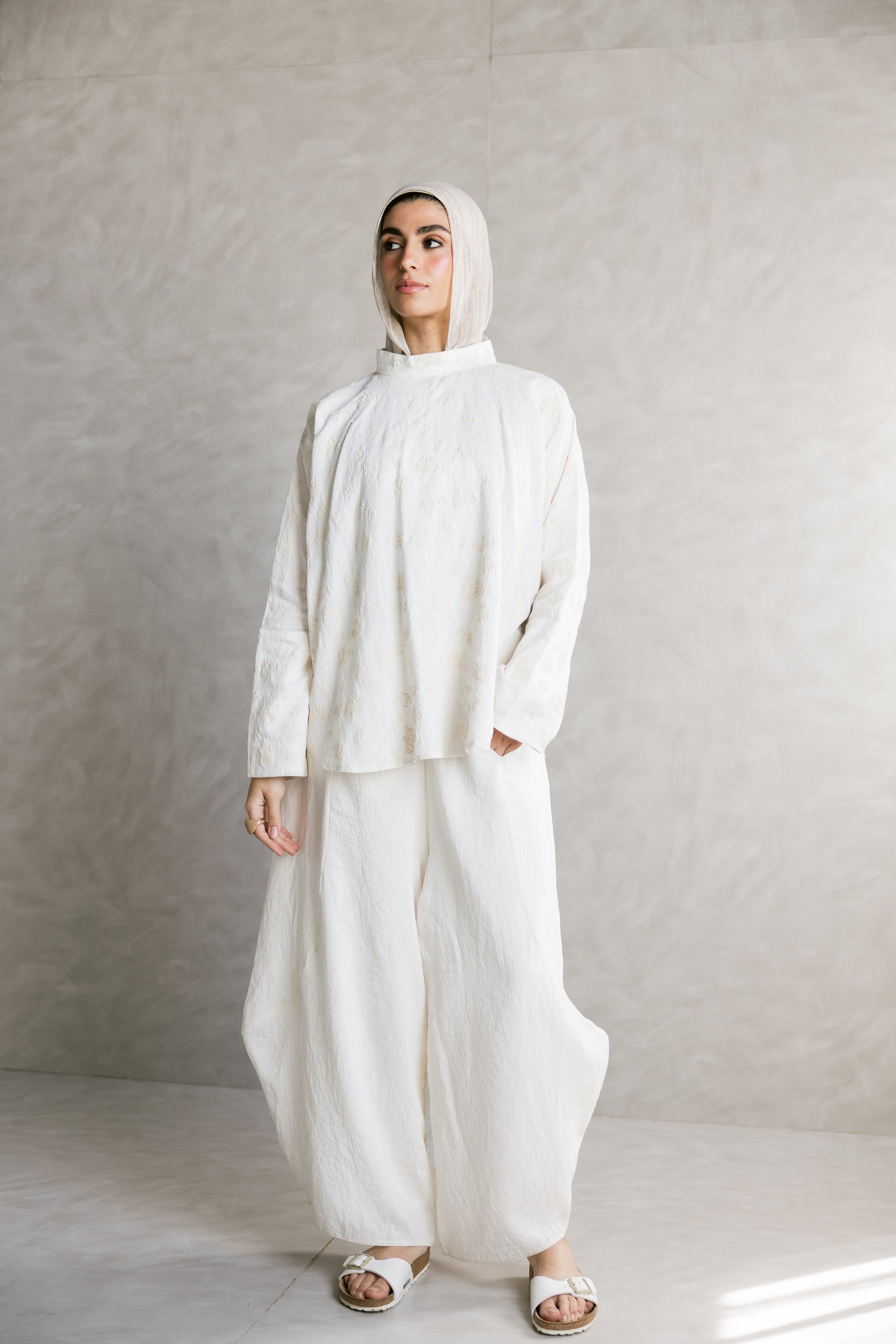 Off white Patterned Linen Top