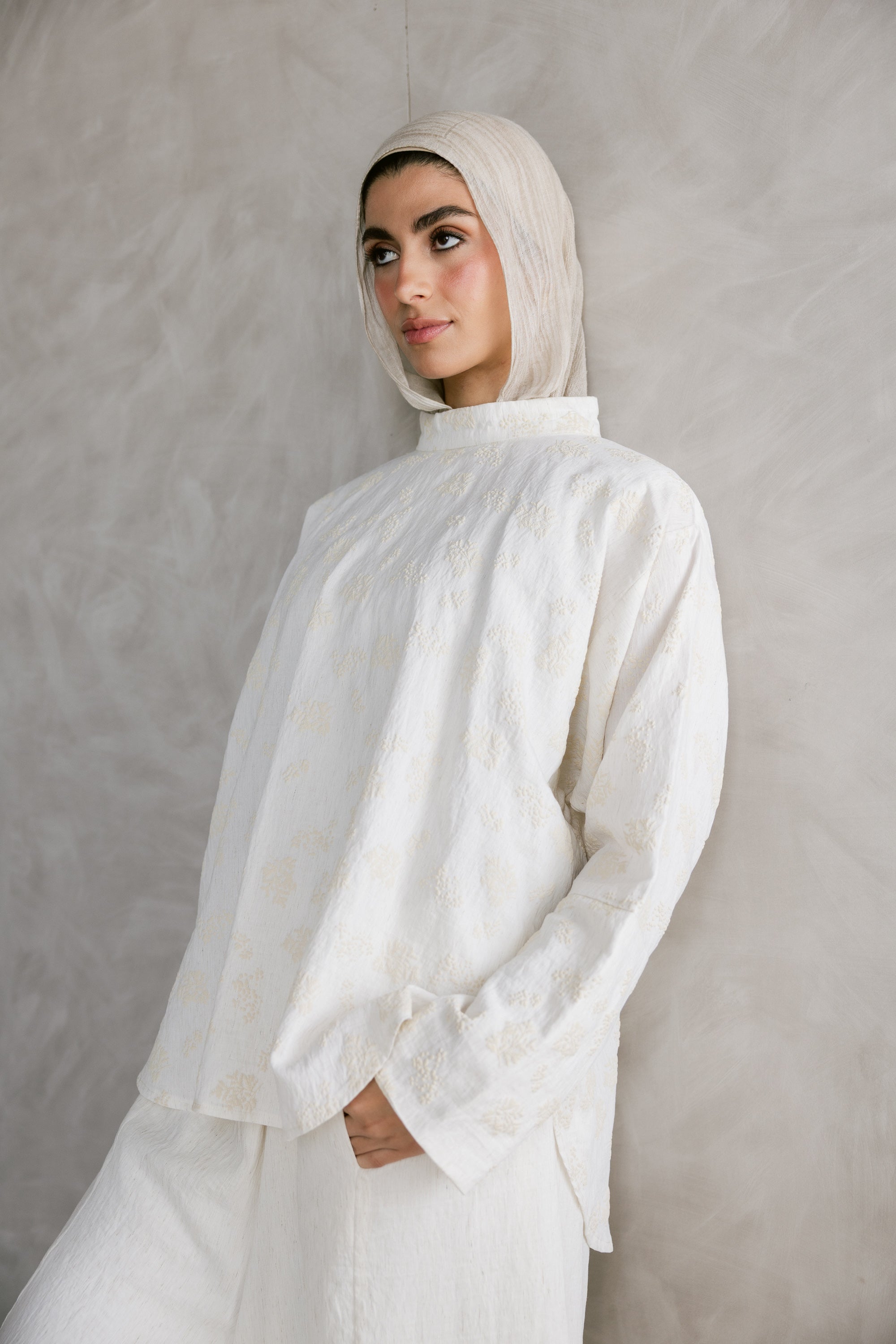 Off white Patterned Linen Top