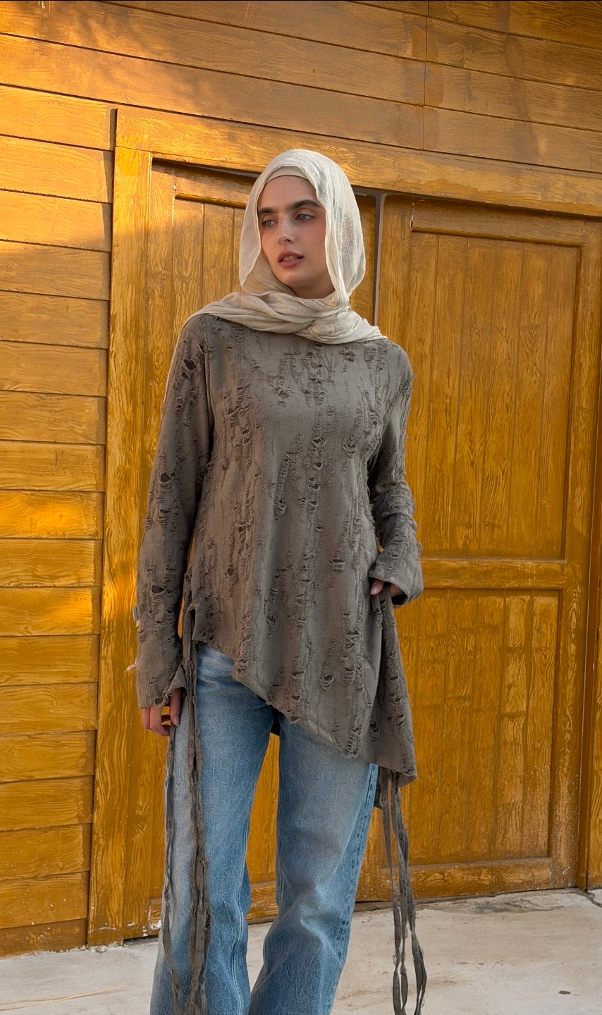 Grey  Shredded Asymmetric Top