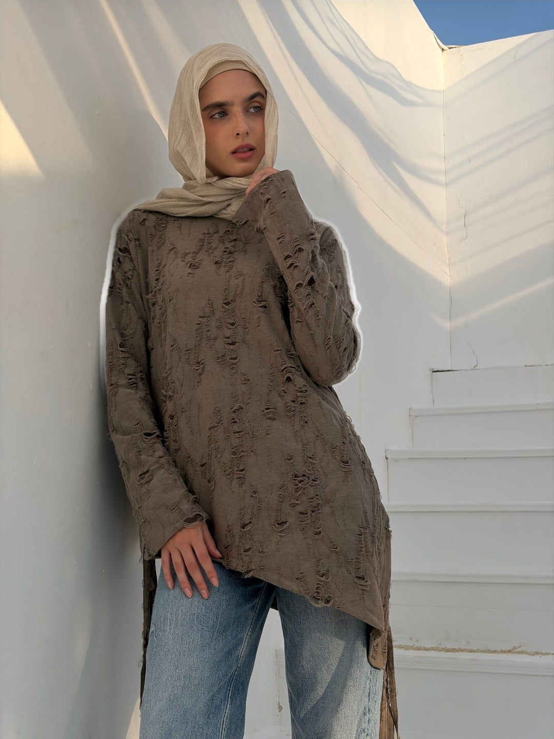 Grey  Shredded Asymmetric Top